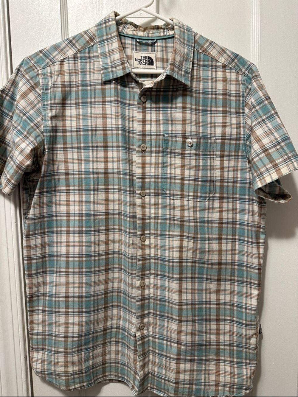 The North Face Short-Sleeve Plaid Button-Down Shirt in Teal, Brown & White